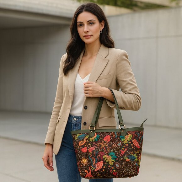 3-Pc Women's Bag Combo – Printed Fabric Tote bag, RFID Wallet & Jewelry Case - Picture 3 of 7